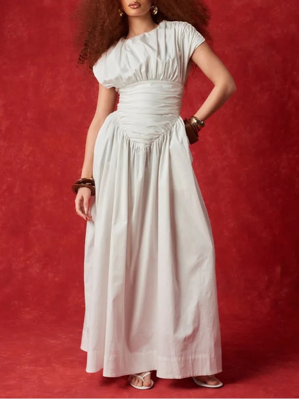 Kai Collective Adesuwa Ruched Cotton Long Dress Maxi A-Line White Size XL